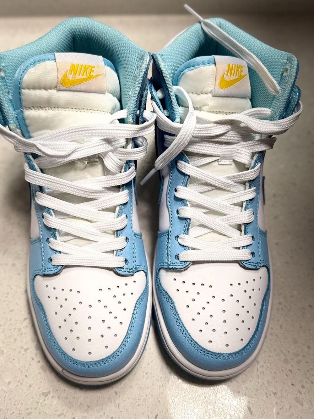Nike Kids High-Top Sneakers in White and Light Blue with Yellow Logo